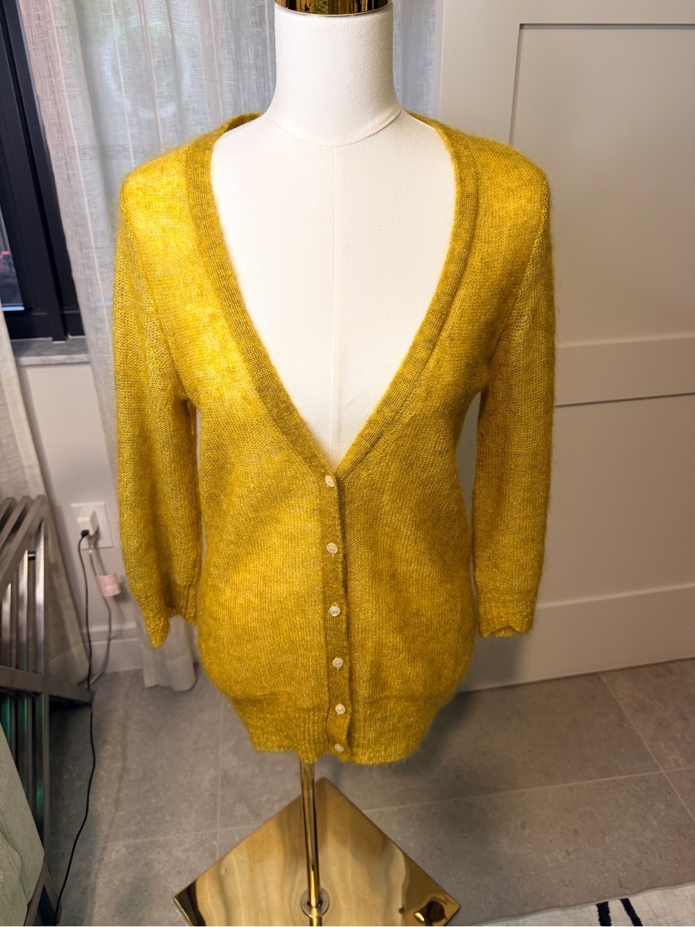 Soft Mohair-Blend Yellow V-Neck Cardigan Sweater